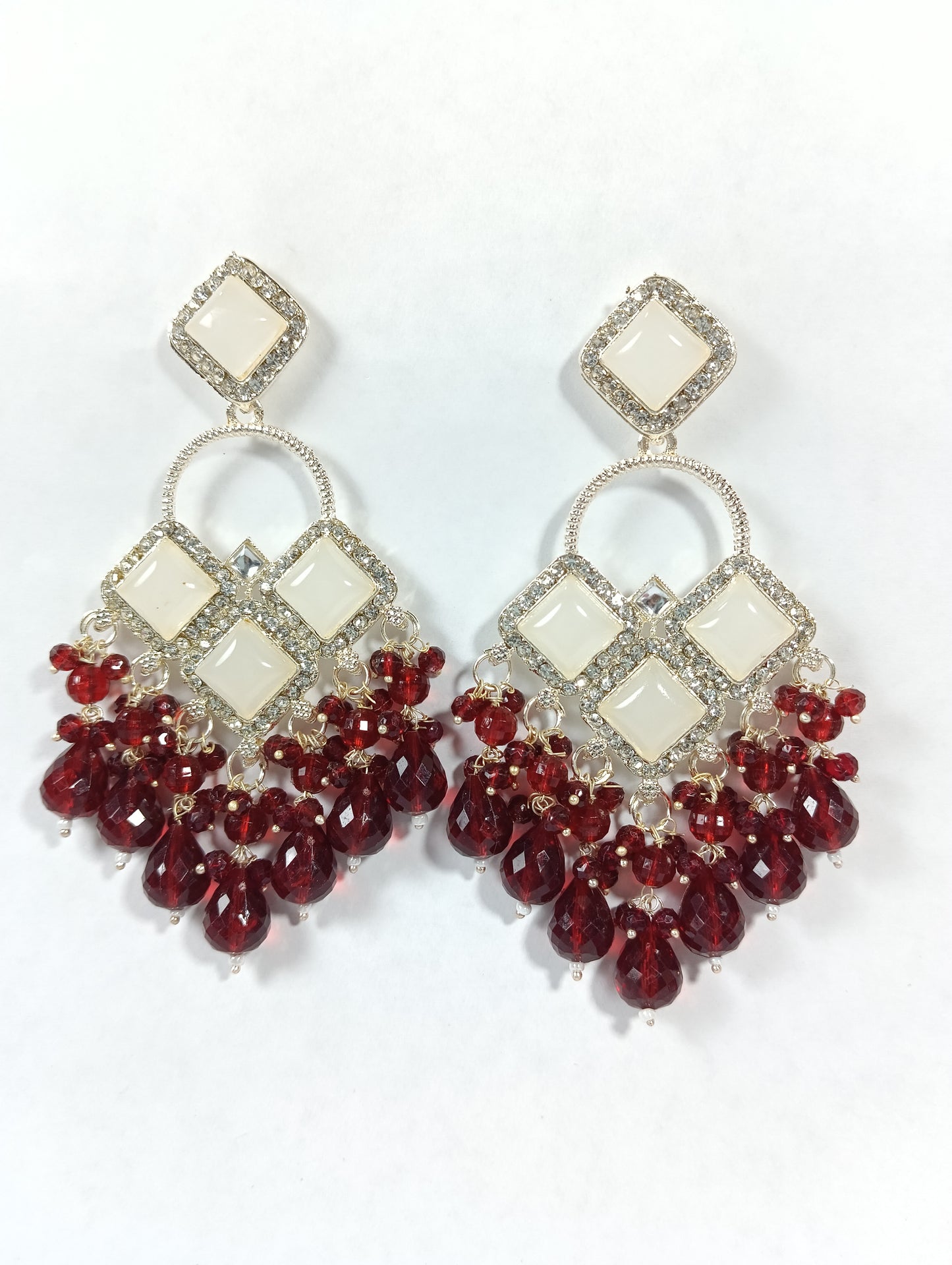 Red Beaded Monalisa Earrings – Gold Plated Festive Chandbali Design with Crystal DropsRed Beaded Monalisa Earrings – Gold Plated Festive Chandbali Design with Crystal Drops