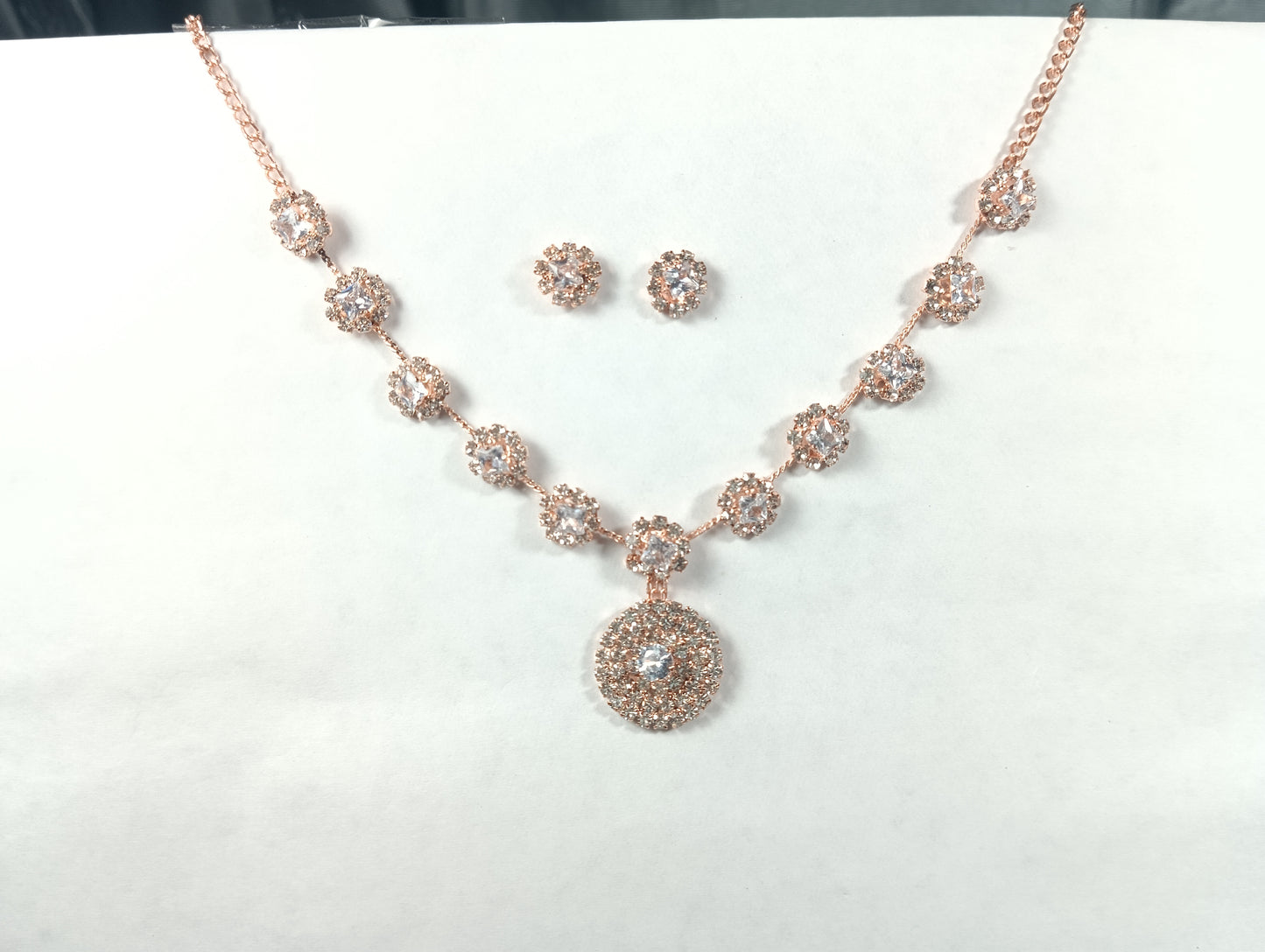Rose Gold-Plated American Diamond Necklace Set with Earrings – Bridal & Festive Wear Jewellery for Women