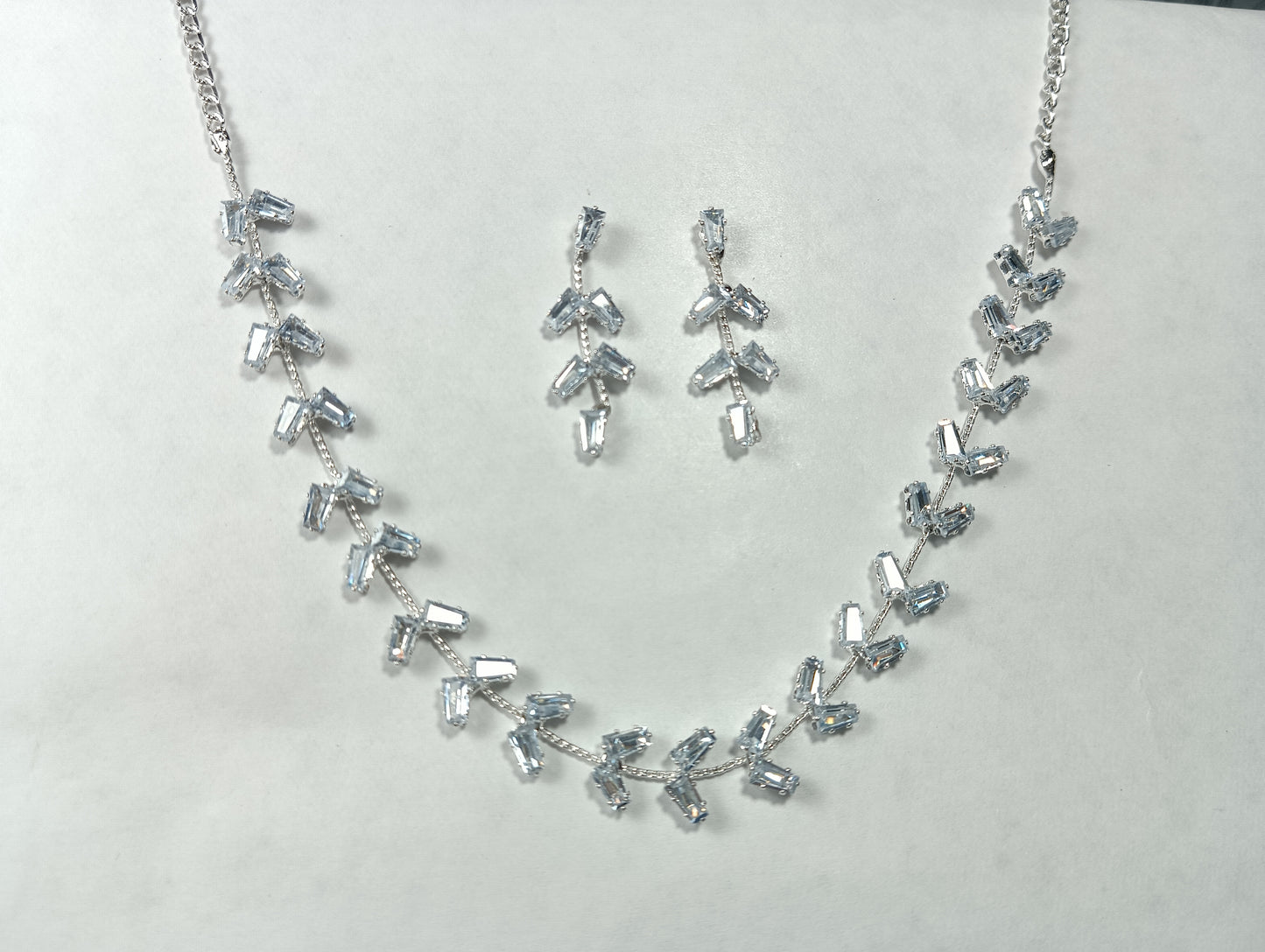 Contemporary Baguette-Cut CZ Necklace Set for Women – Silver Plated Vine Design Jewellery with Earrings