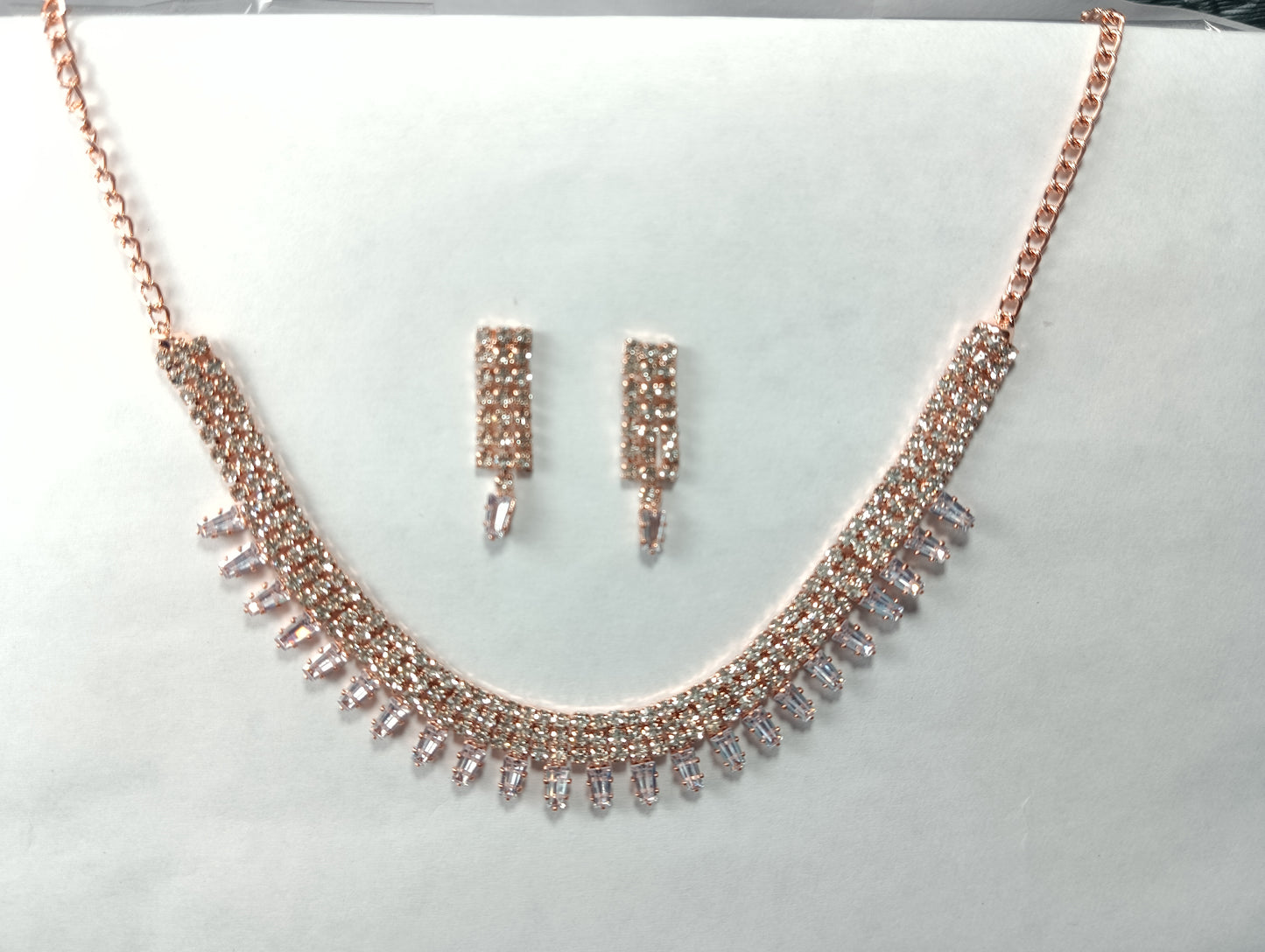 Rose Gold-Plated Baguette American Diamond Necklace Set – Choker Style Party Jewellery with Earrings