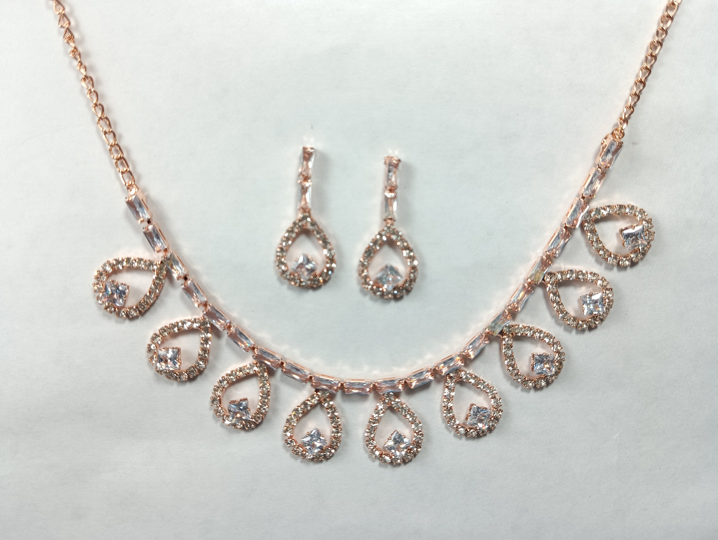 Rose Gold-Plated Teardrop CZ Necklace Set – Elegant Artificial Jewellery with Earrings for Women