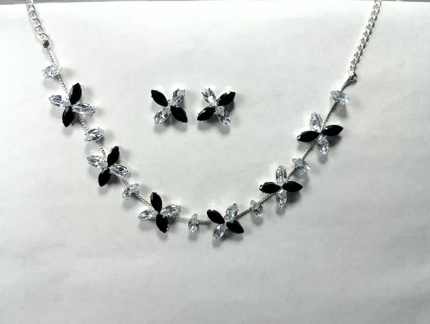 Elegant Black & Clear Crystal Floral Necklace and Earring Set – Statement Artificial Jewelry