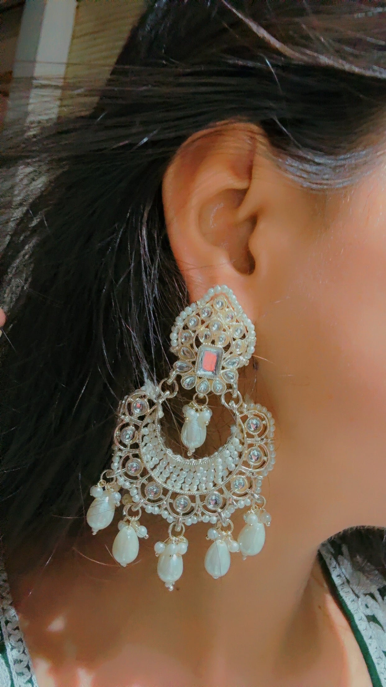 Pearl Mirror Chandbali Earrings – Handcrafted Bridal Danglers with White Beads & Kundan Detail
