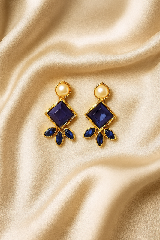 Royal Blue Stone & Pearl Stud Drop Earrings – Gold Plated Elegant Design