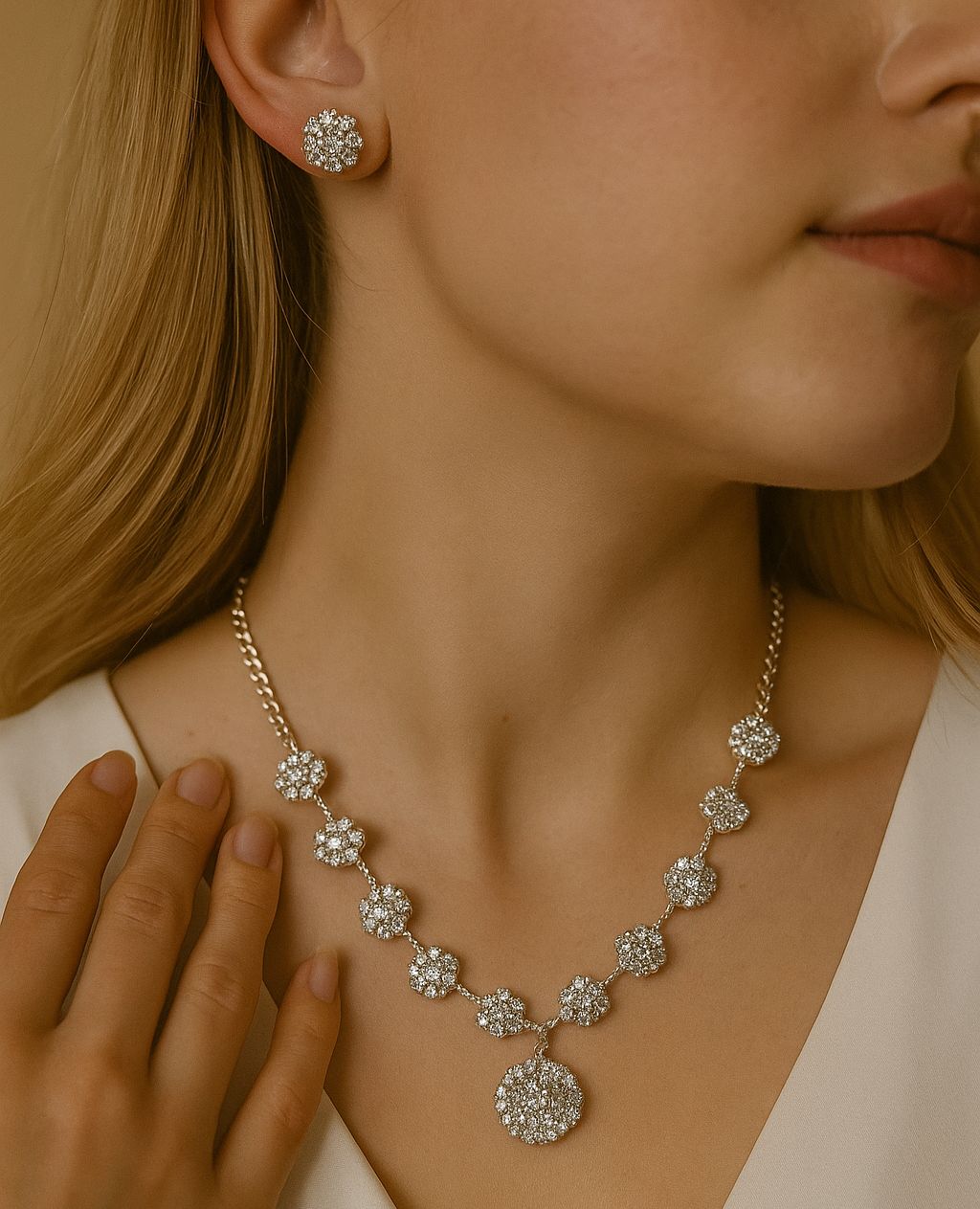 Rose Gold-Plated American Diamond Necklace Set with Earrings – Bridal & Festive Wear Jewellery for Women