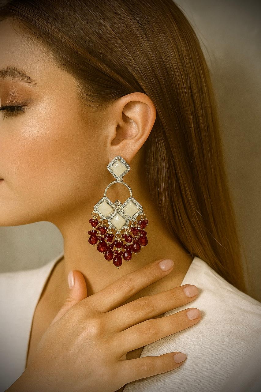 Red Beaded Monalisa Earrings – Gold Plated Festive Chandbali Design with Crystal DropsRed Beaded Monalisa Earrings – Gold Plated Festive Chandbali Design with Crystal Drops