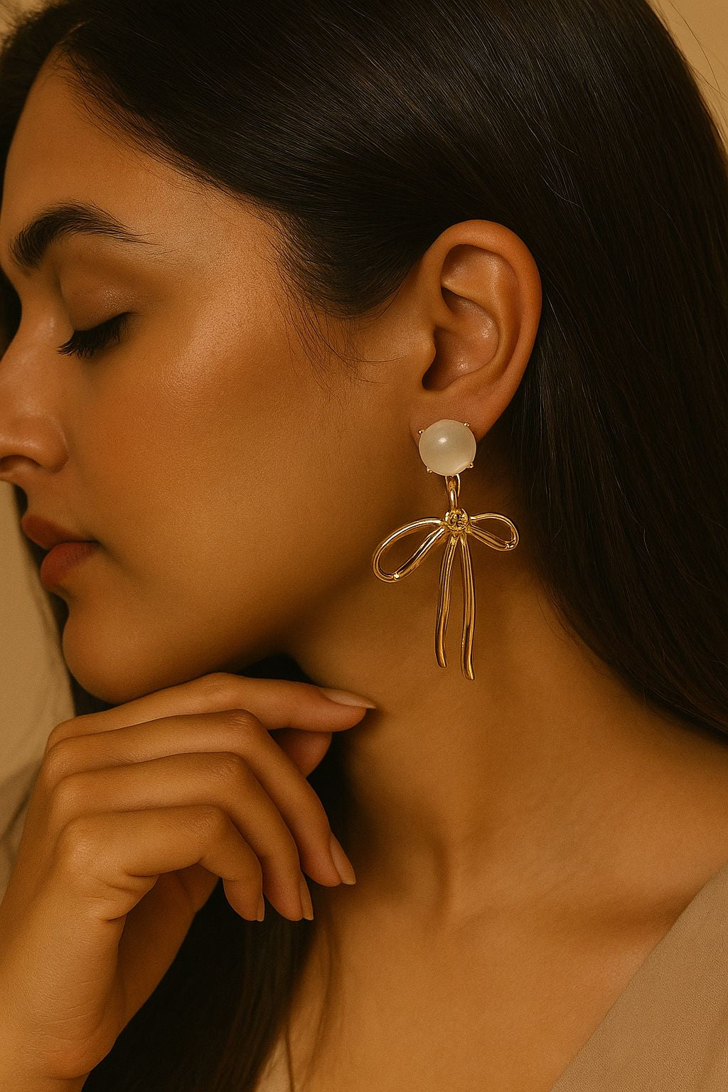 Pearl Stud & Bow Gold Drop Earrings – Feminine Elegant Dangler for Everyday & Party Wear