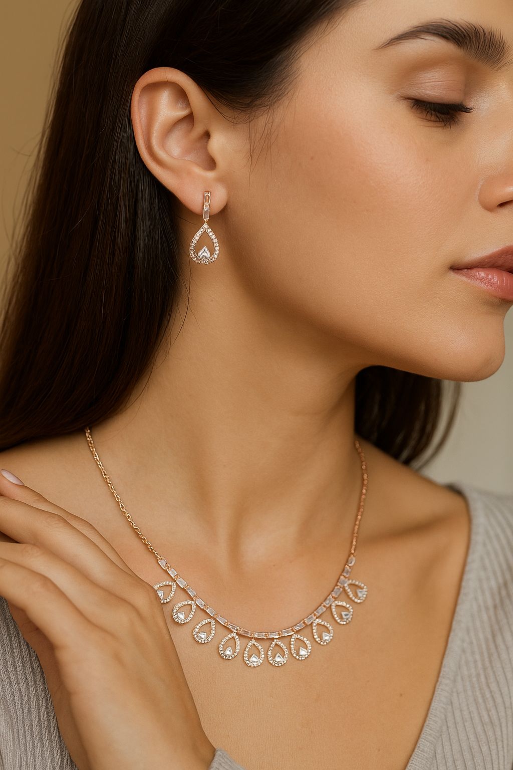 Rose Gold-Plated Teardrop CZ Necklace Set – Elegant Artificial Jewellery with Earrings for Women