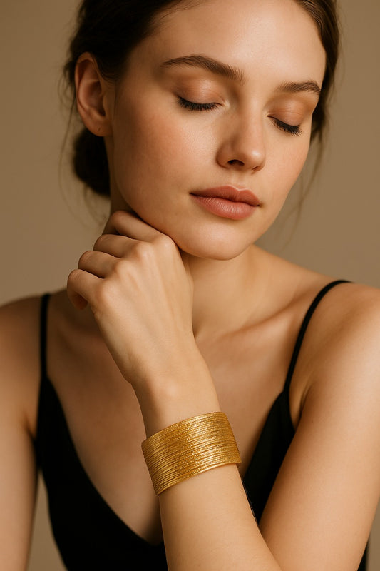 Bold Golden Mesh Cuff Bracelet – Anti-Tarnish Finish | Kirti’sGem